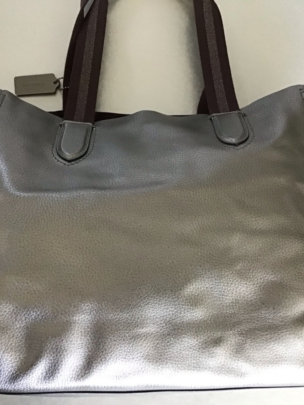 Coach Gunmetal Metallic Large Leather Tote with Dark Brown Straps EUC - Picture 3 of 13